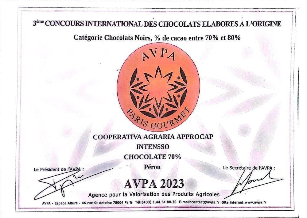 Certificado del 3er puesto obtenido por el Chocolate INTENSSO 70% en el concurso AVPA Paris Gourmet 2023