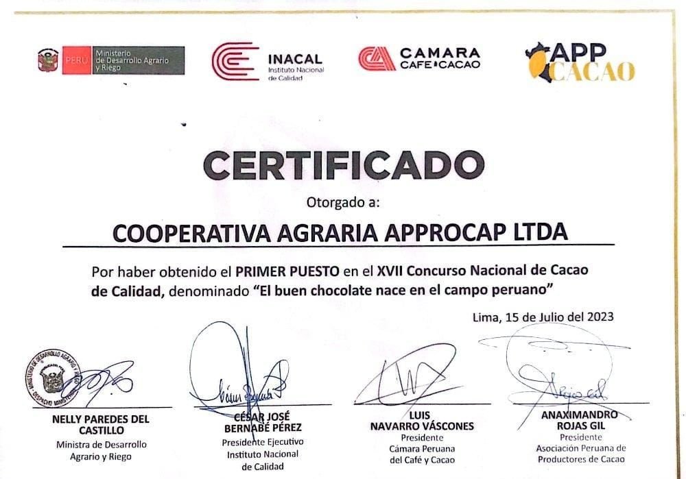 Certificado del 1er puesto en el XVII Concurso Nacional de Cacao de Calidad 2023 otorgado a Cooperativa Agraria APPROCAP Ltda.